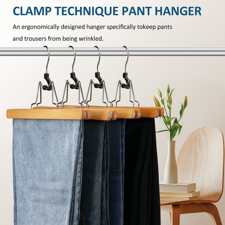 BagDream 12 Pack Wooden Pants Hangers with Clips, Natural, Felt