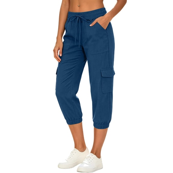 SwiftWear Women's Cotton Cargo Capri Pants Hiking Drawstring Elastic Waistband Casual Summer Trousers with Pockets