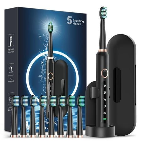 Sonic Electric Toothbrush for Adults - Rechargeable Electric toothbrush with 8 Brush Heads & Travel Case Teeth Whitening   Power Electric Toothbrush with Holder  3Hours Charge for 120 Days - Black