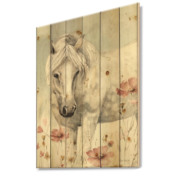 Designart 'watercolors Pink Wild Horses I' Farmhouse Print on Natural Pine Wood