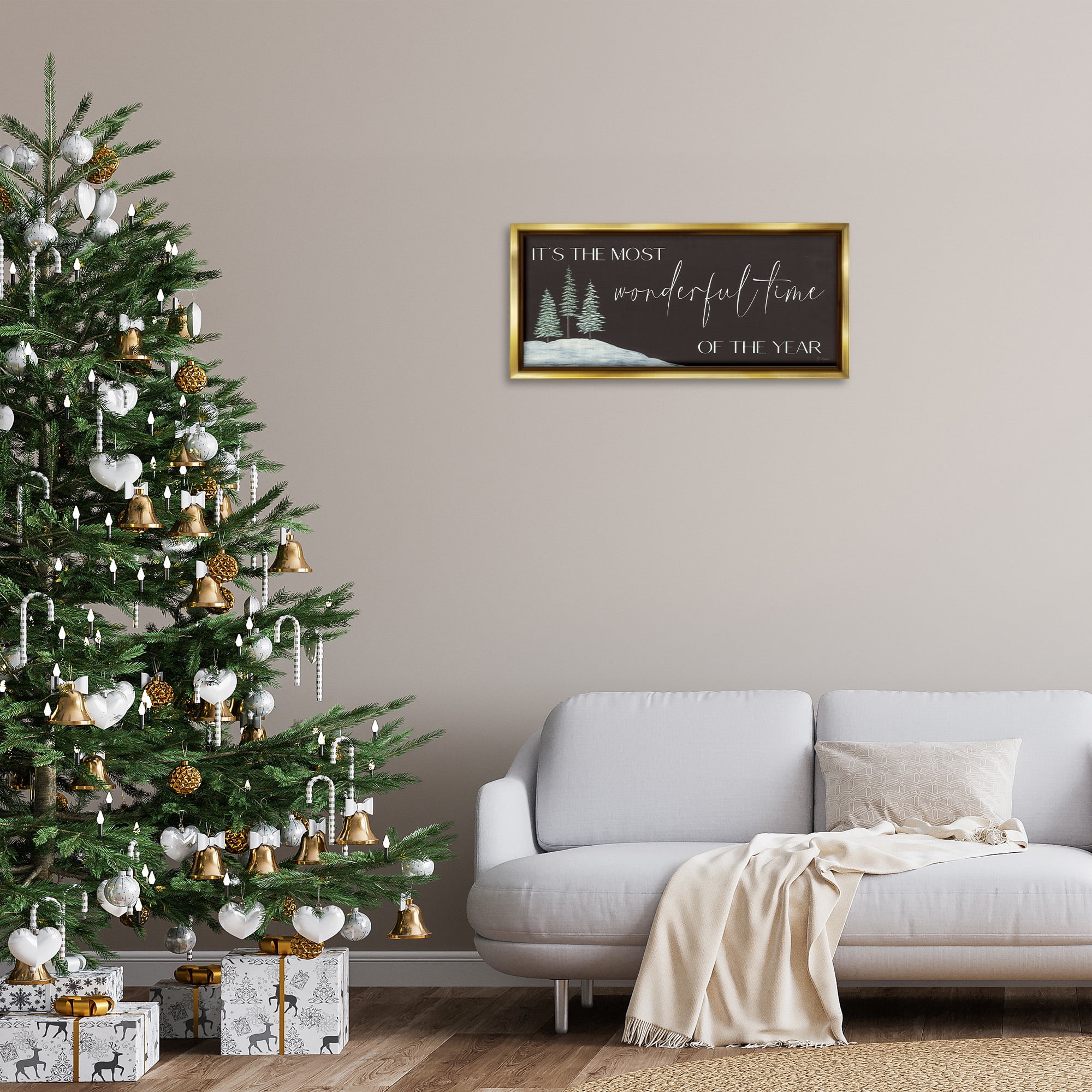 Stupell Industries Most Wonderful Time Holiday Phrase Inspirational Painting Gold Floater Framed Canvas Art Print Wall Art, 31 x 14