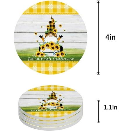 

KXMDXA Farm Gnome and Sunflower Yellow Plaid Wooden Grain Set of 8 Round Coaster for Drinks Absorbent Ceramic Stone Coasters Cup Mat with Cork Base for Home Kitchen Room Coffee Table Bar Decor