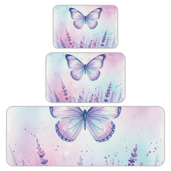 RKSupls Kitchen Rug Set 3 Piece Anti-Slip Flannel Floor Mats, Purple Lavender Butterfly Washable Absorbent Runner Mats for Kitchen Bathroom Home Decor