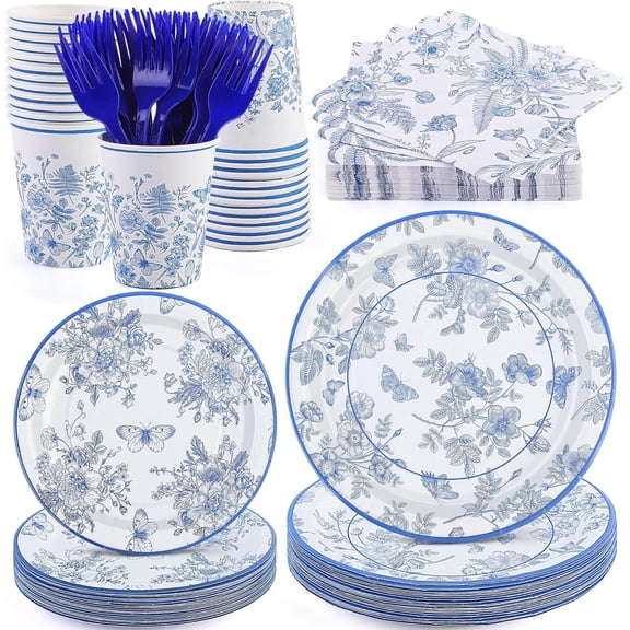 144 Pieces Blue and White Flower Set 9 Inch 7 Inch Elegant Floral Paper Plates Blue Floral Cups Napkin and Forks Serve 24 for Birthday Baby Shower Party Supplies