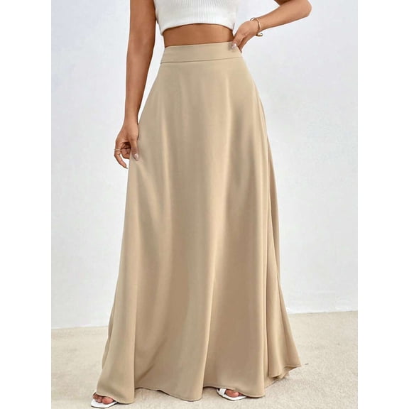 Khaki Solid High Waist Flowing Maxi Skirt