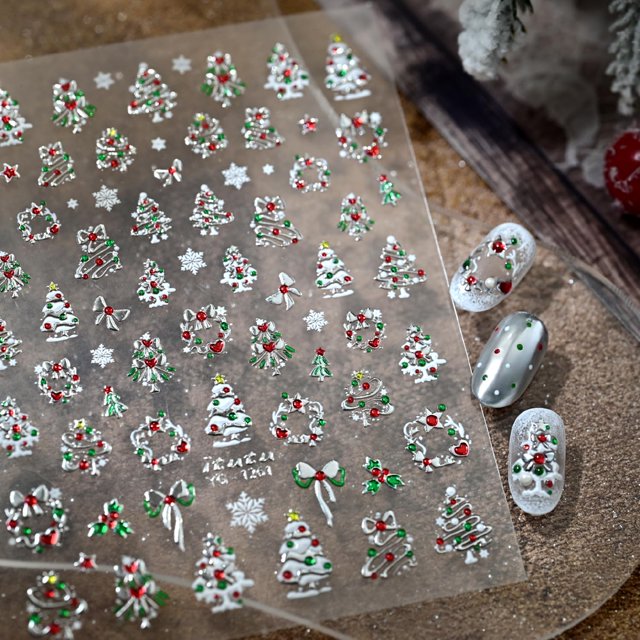 Pegatinas de uñas Lukmexor 5D con estampado navideño plateado