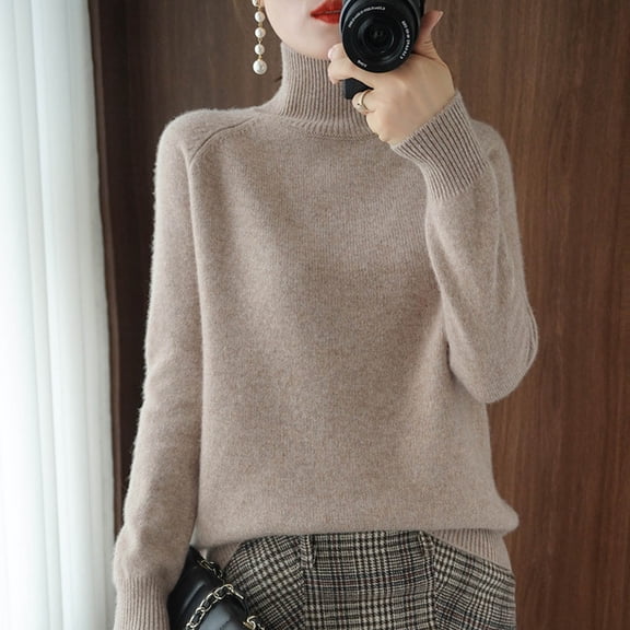 Solid Color Sweaters for Women Turtleneck Tops Fall Winter Soft Knit Warm Pullover Sweater for Travel Casual Khaki M