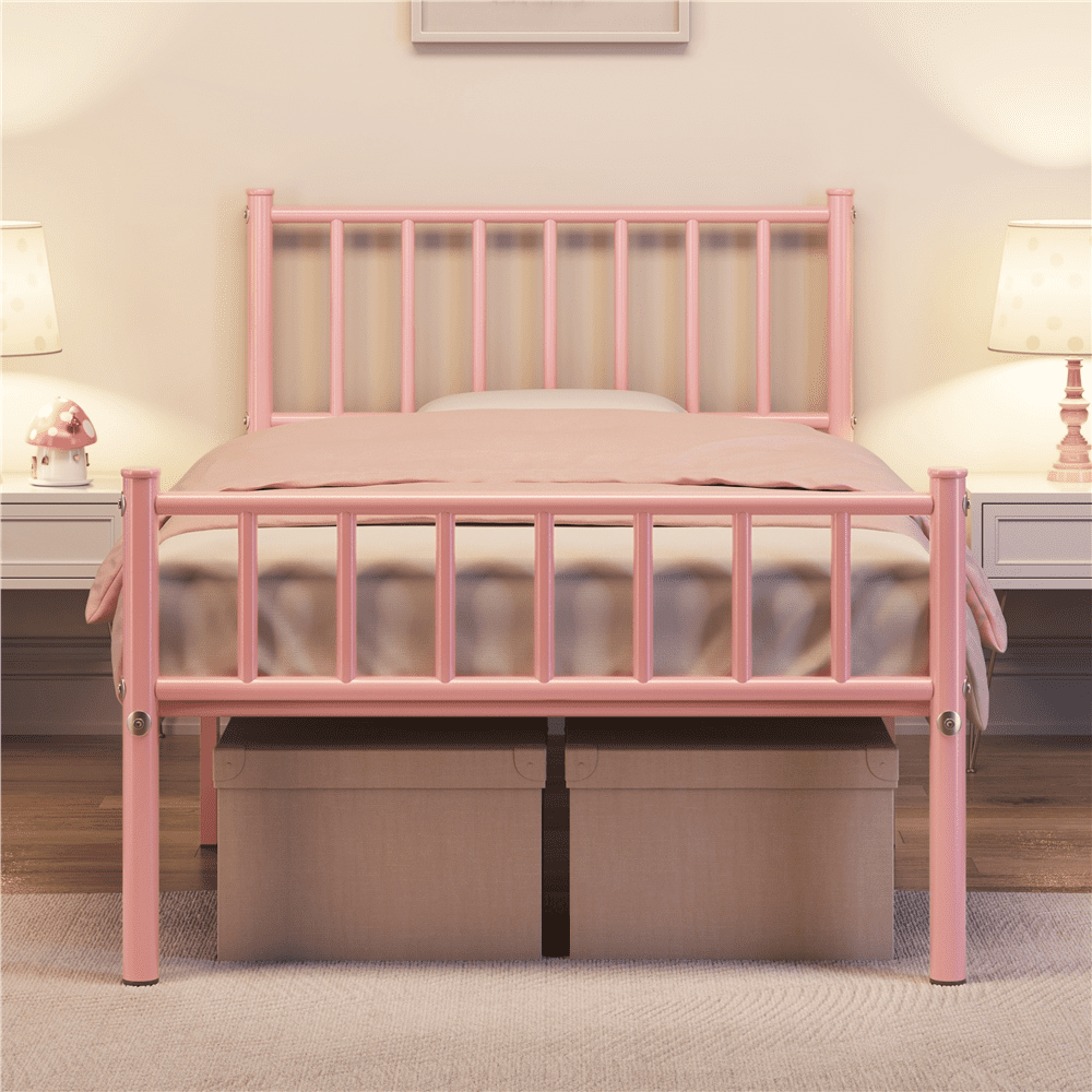 Yaheetech Metal Bed Frame with Spindle Headboard and Footboard,Twin,Pink