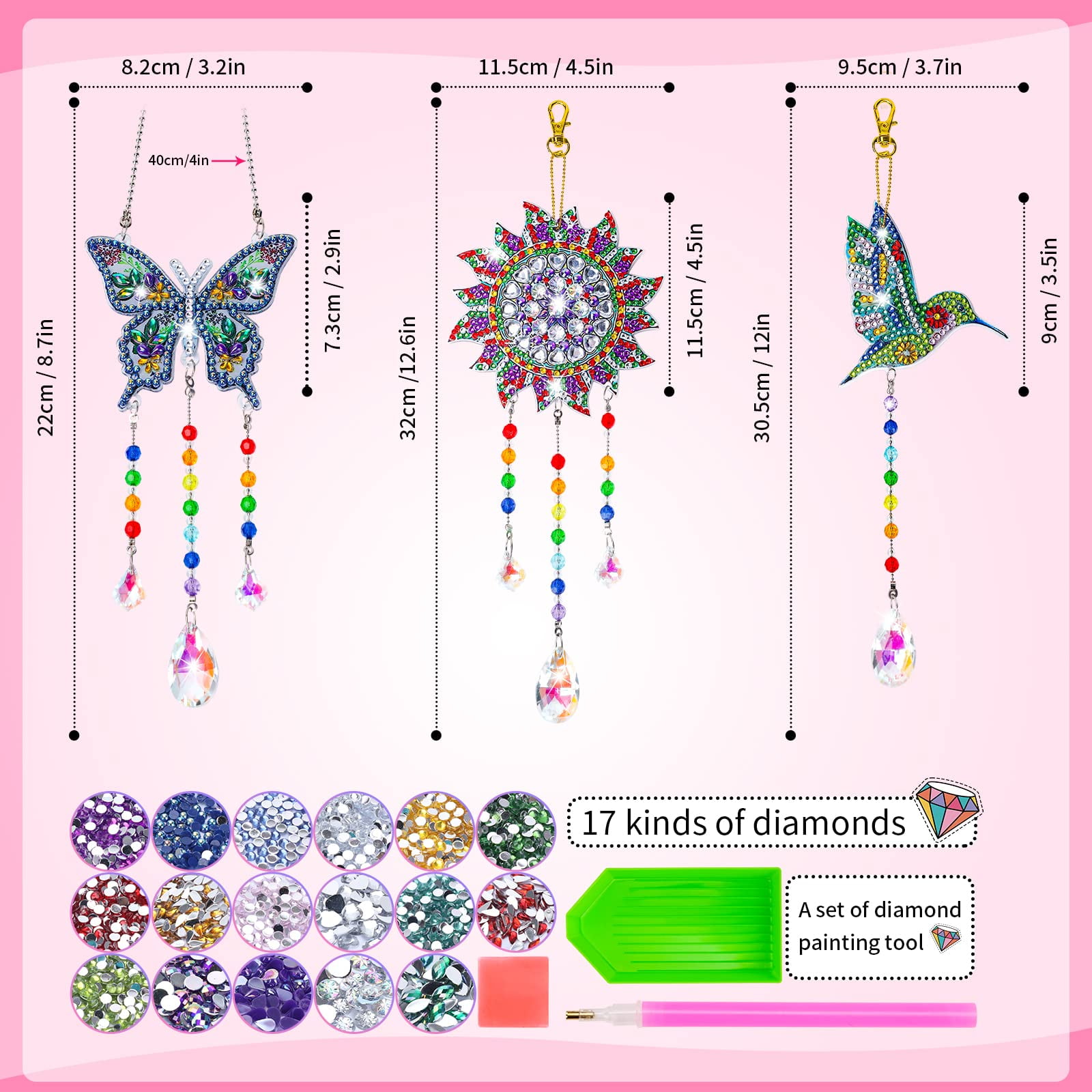 DIY Creative Diamond Painting Gift Kit for Girls Aged 6-12, 3Pcs Diamond Painting Suncatcher Wind Chimes Hanging Ornament for Garden Window and Balcony, Butterfly Sun Hummingbird