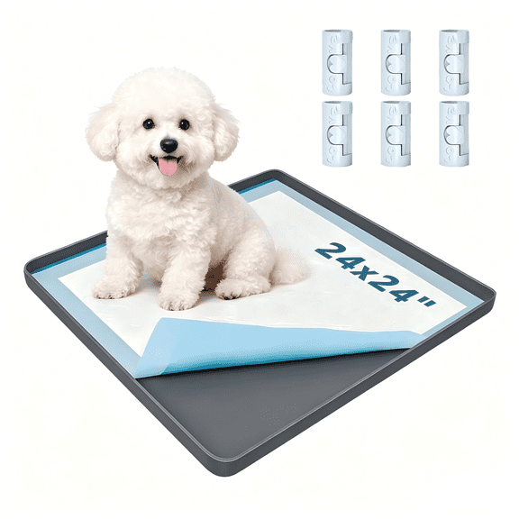 24" x 24" Silicone Dog Pee Pad Tray Holder, No Spill Raised Lip High Edge Leak-Proof Mat for Floor Protection, Square Potty Training Tray for Puppies, with 6 Clamps