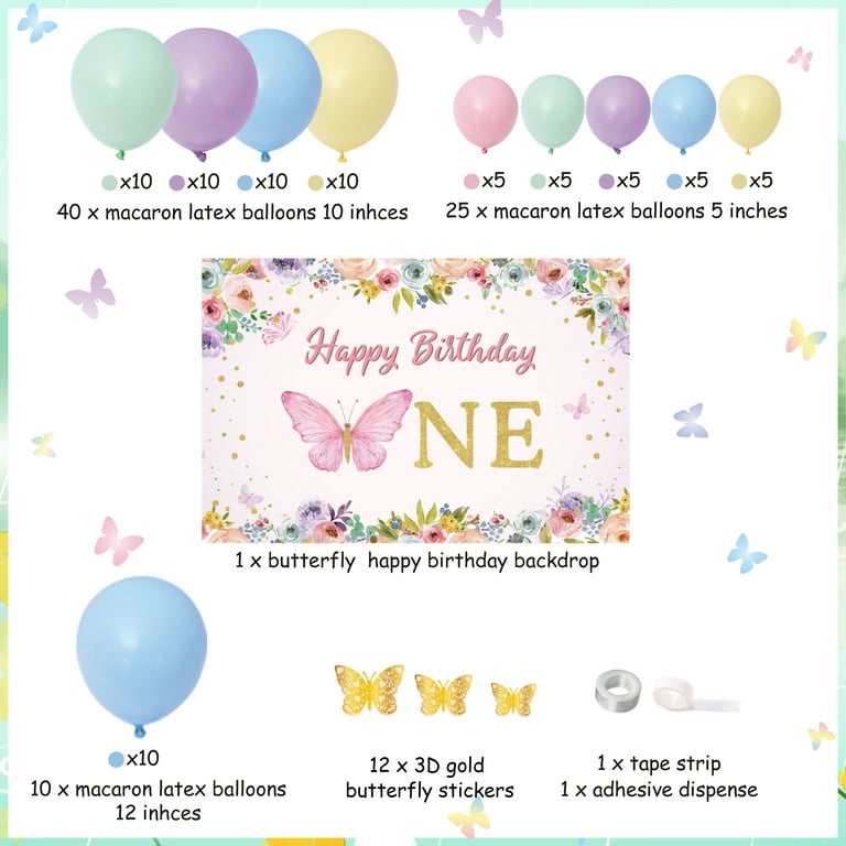 Fiesec 146 PCs Butterfly 1st Birthday Party Decorations Kit - Pastel Purple Pink Theme With Backdrop, Balloons, Banner