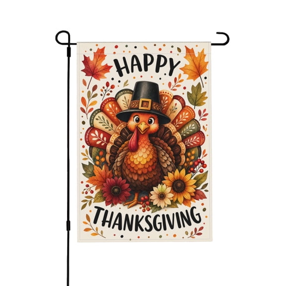 Garden Flag with Thanksgiving Turkey & Flowers Outdoor Decor 12x18 Inch