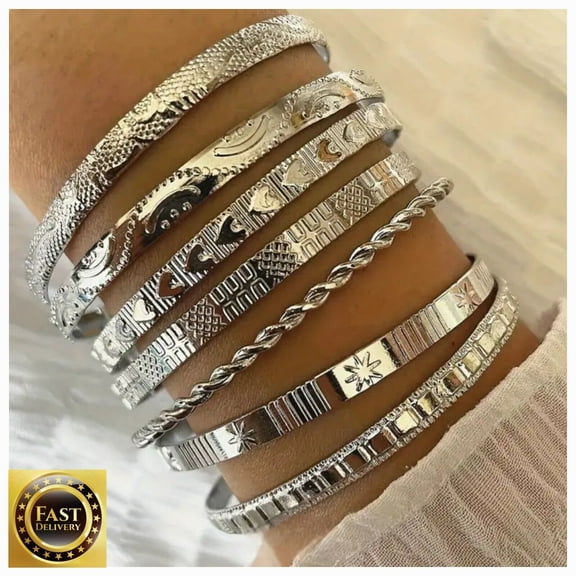 WEISIPU Womens Silver Bracelet Set of 7 Bangle Stackable Cuff Bracelet Set Textured Boho Fashion Jewelry Gift for Women