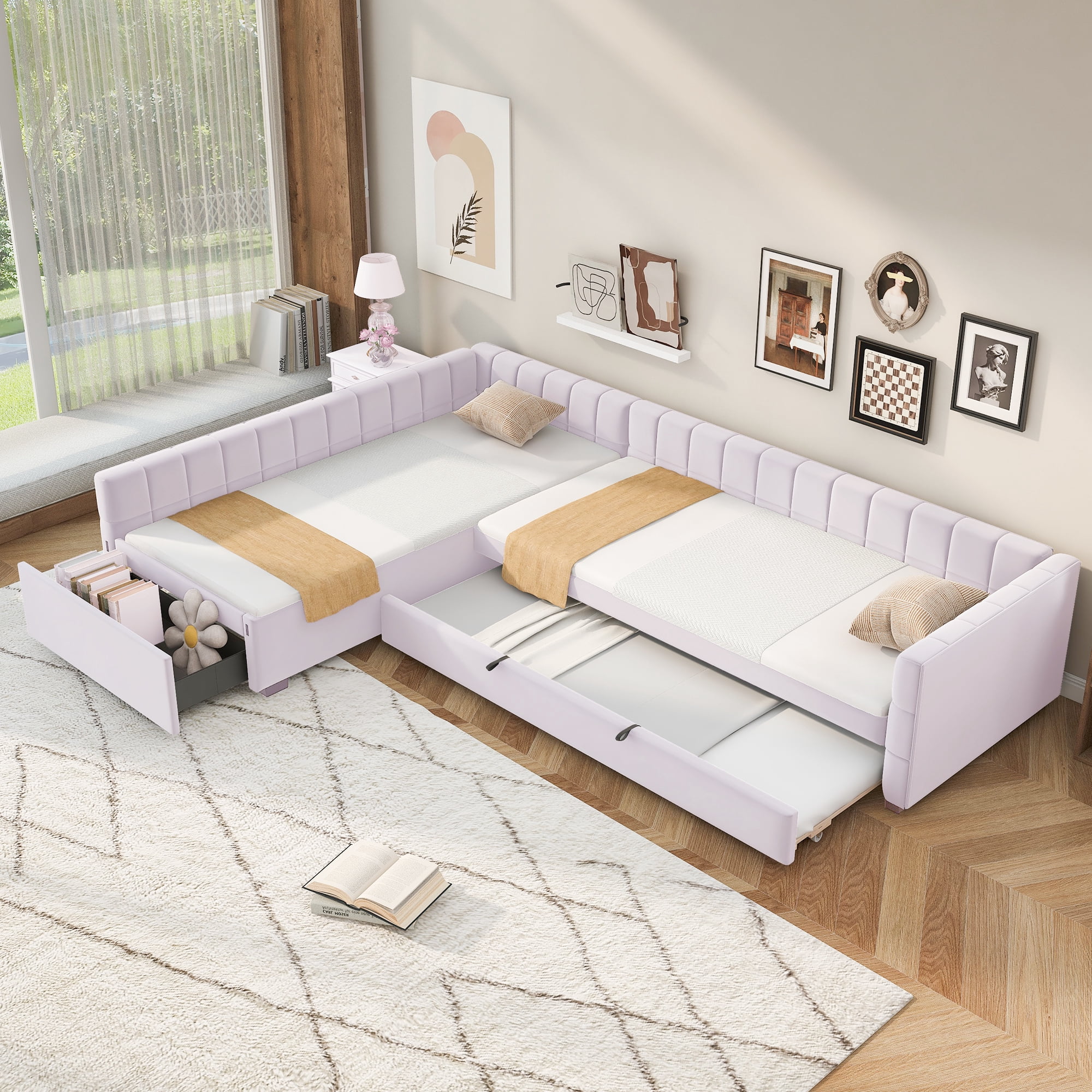 Euroco Upholstery L-Shaped Twin Platform Bed with Trundle and Drawer, 3 Beds in 1, No Spring Box Needed, Pink