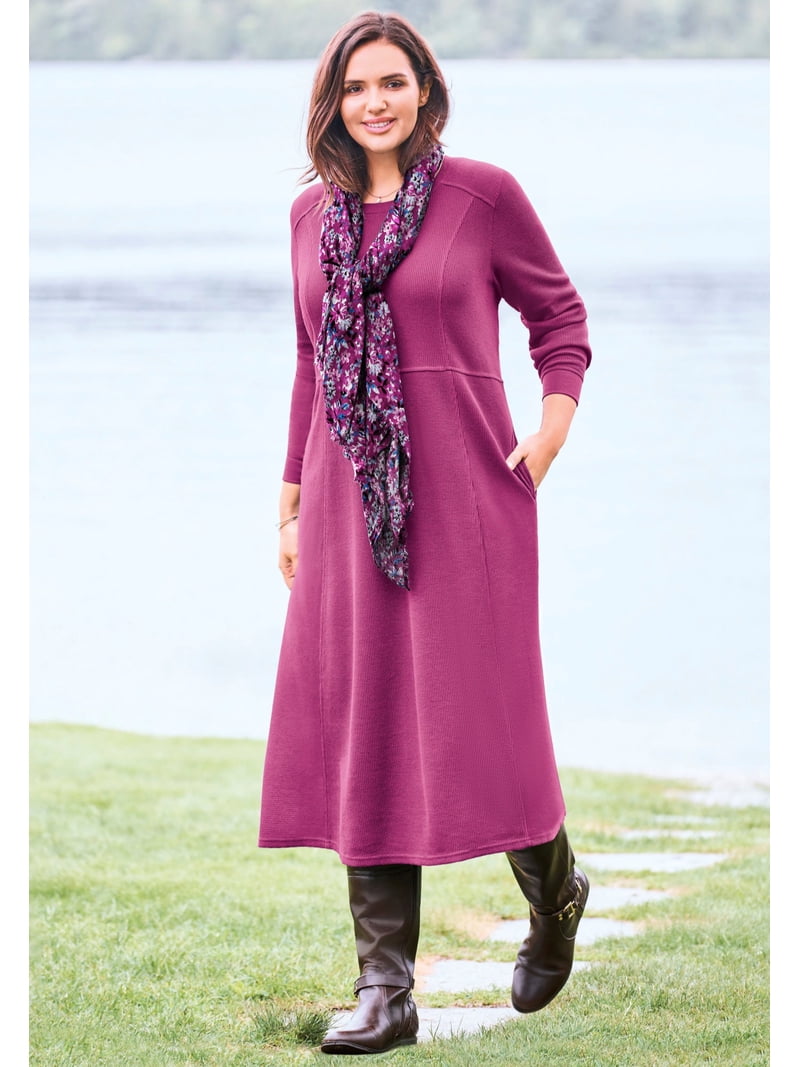Woman Within Plus Size Petite Thermal Knit A-Line Dress - Black