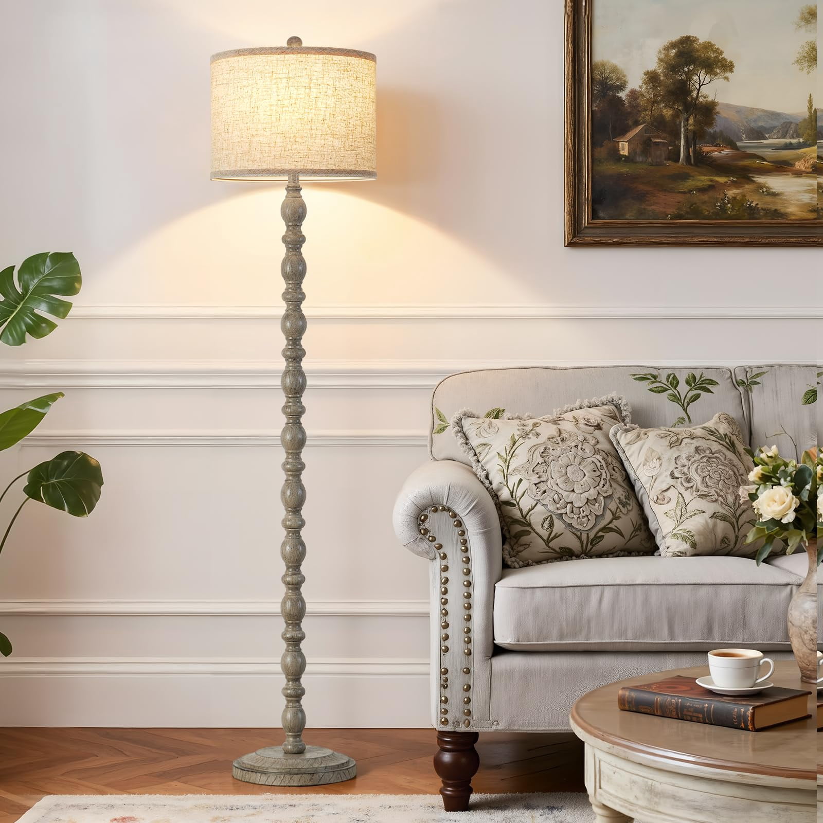 62" Floor Lamps For Living Room 3 Color Temperature Retro Standing Lamp  Vintage Farmhouse With Rotary Rustic Tall Bedroom Office Corner(light Gray)