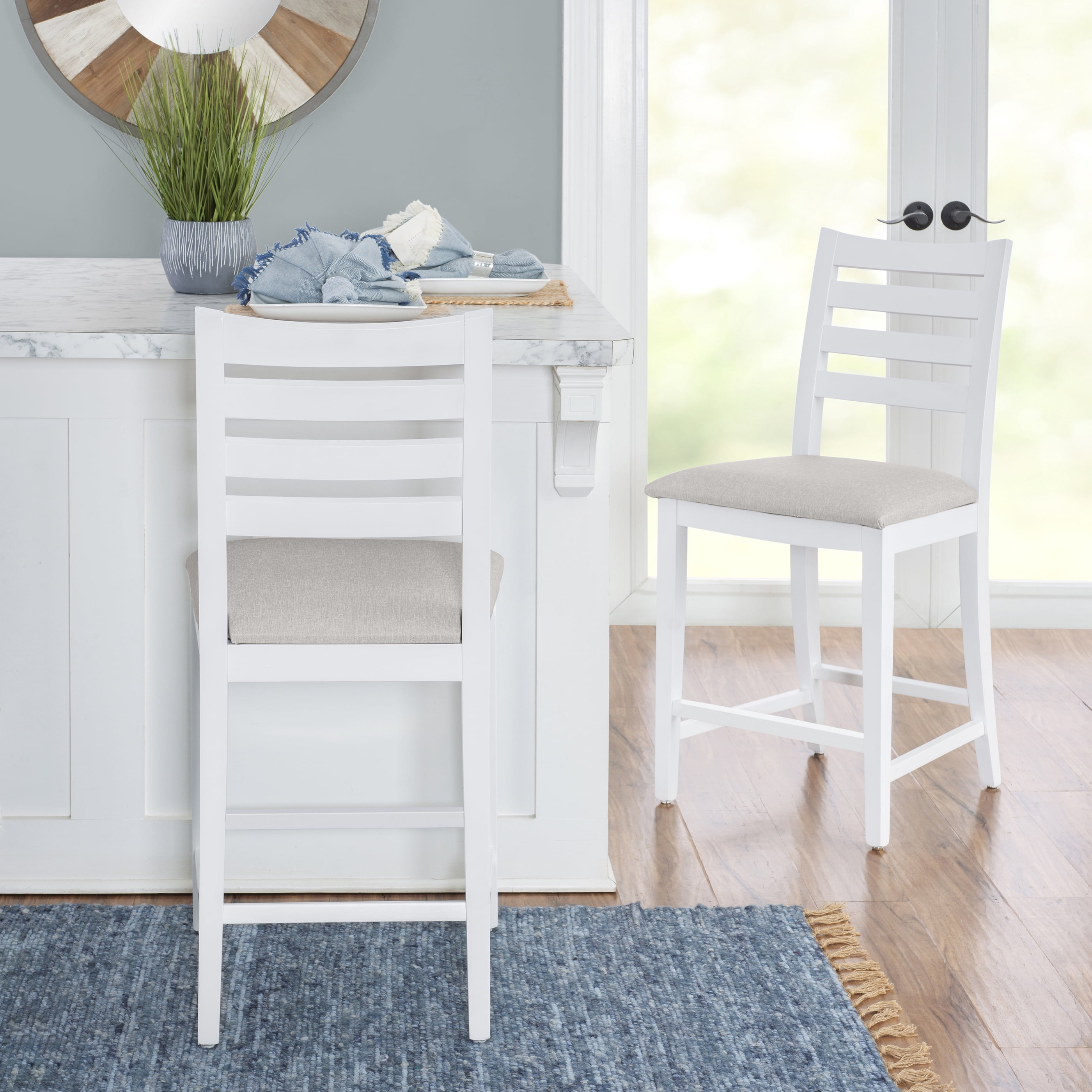 Linon Holdrege 22" High Back Counter Stools, Set of 2, White/Light Gray Faux Leather