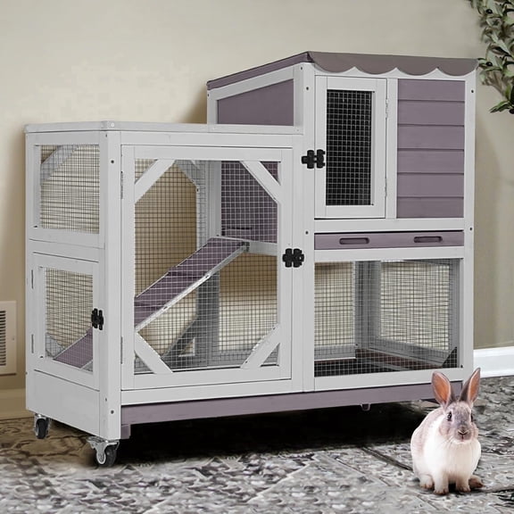 MEDEHOO 2-Story Rabbit Hutch Indoor Bunny Cage Outdoor Guinea Pig House Wooden Small Animal Cage with Chew-Proof Ramp, Leak-Proof Tray, Lockable Wheels for 2-4 Rabbits, Guinea Pigs (Grey)