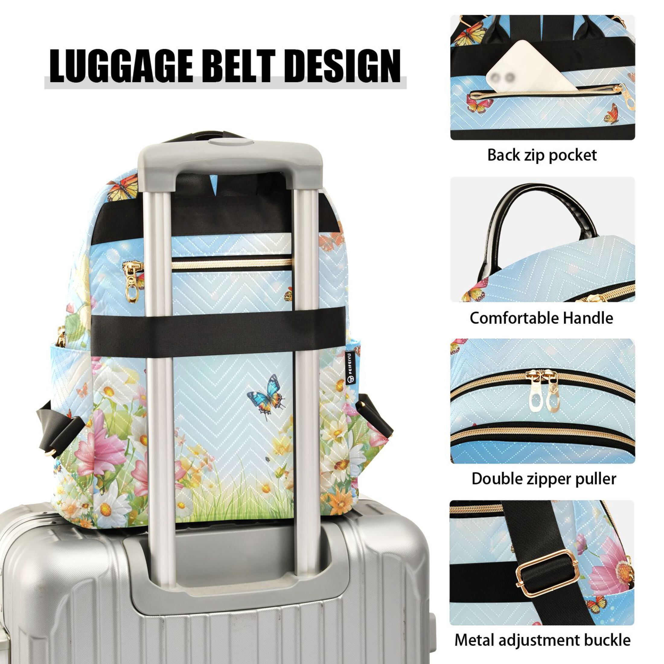 Flowers Butterfly Sunshine Spring Quilted Backpack Fashion Daypack Commuter Bag for Women 14 L