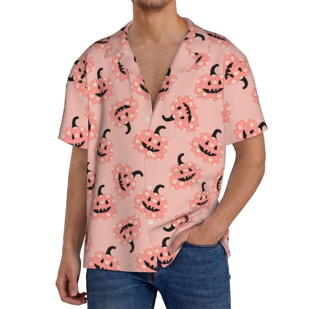 Fotbe Smiling Pink Pumpkins Camisa Estampada de Manga Corta para Hombre, Casual de Verano, Estilo Playero, Sin Arrugas-X-Large