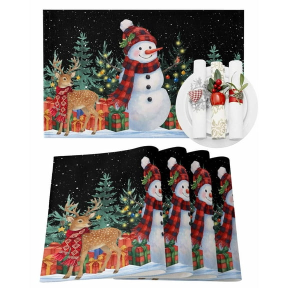 Christmas Placemats Set of 6, Black Snowman Place Mats Deer Light Pine Tree Snowflake Placemat Table Decoration for Kitchen Table Dinner Xmas Holiday Party Home Decor Indoor Outdoor 13x19 Inch