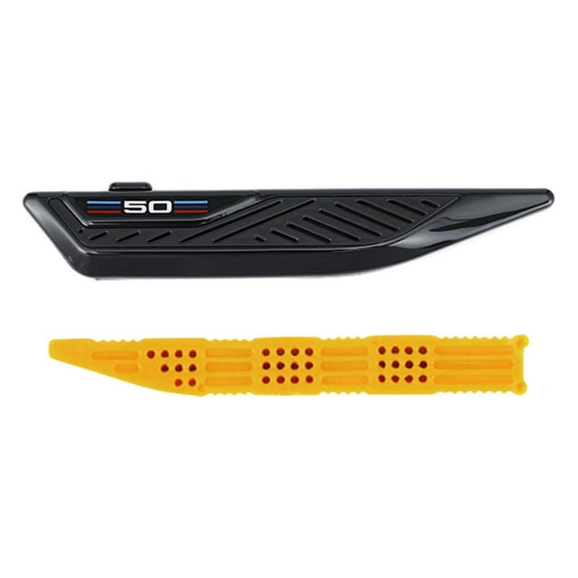 BMW Natural Air Vent Clip Freshener with Natural Plant Scent, crafted from aviation aluminum alloy with a sleek black finish, '50' logo, and striped accents. Includes three yellow fragrance inserts for maintaining a fresh car interior and removing odors. Ideal for automotive interior accessories and easy to install.