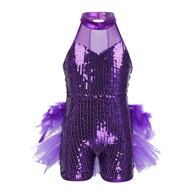 MSemis Robe Tutu de Danse Ballet à Sequins Brillants pour Filles, Costume de Performance Jazz Latin Moderne Violet 7