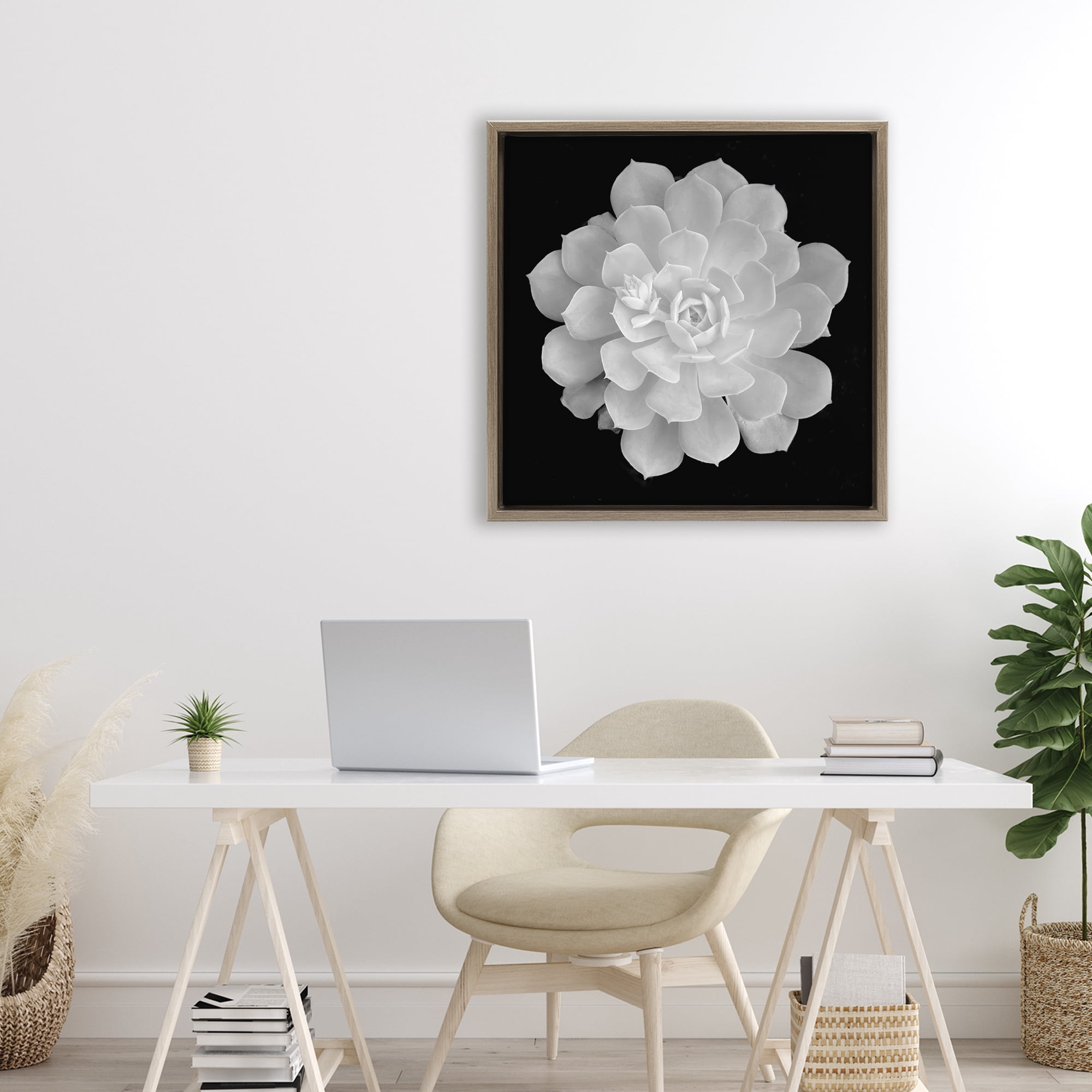 Pure White Succulent Contrast Brown Framed Floater Canvas Wall Art, design by Phillip Flowers