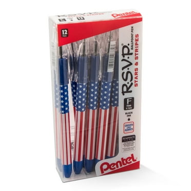 Pentel RSVP Ballpoint Pen, 0.7mm. Fine Line, Stars and Stripes Flag Inspired Barrel, Black Ink, Box of 12 Pens
