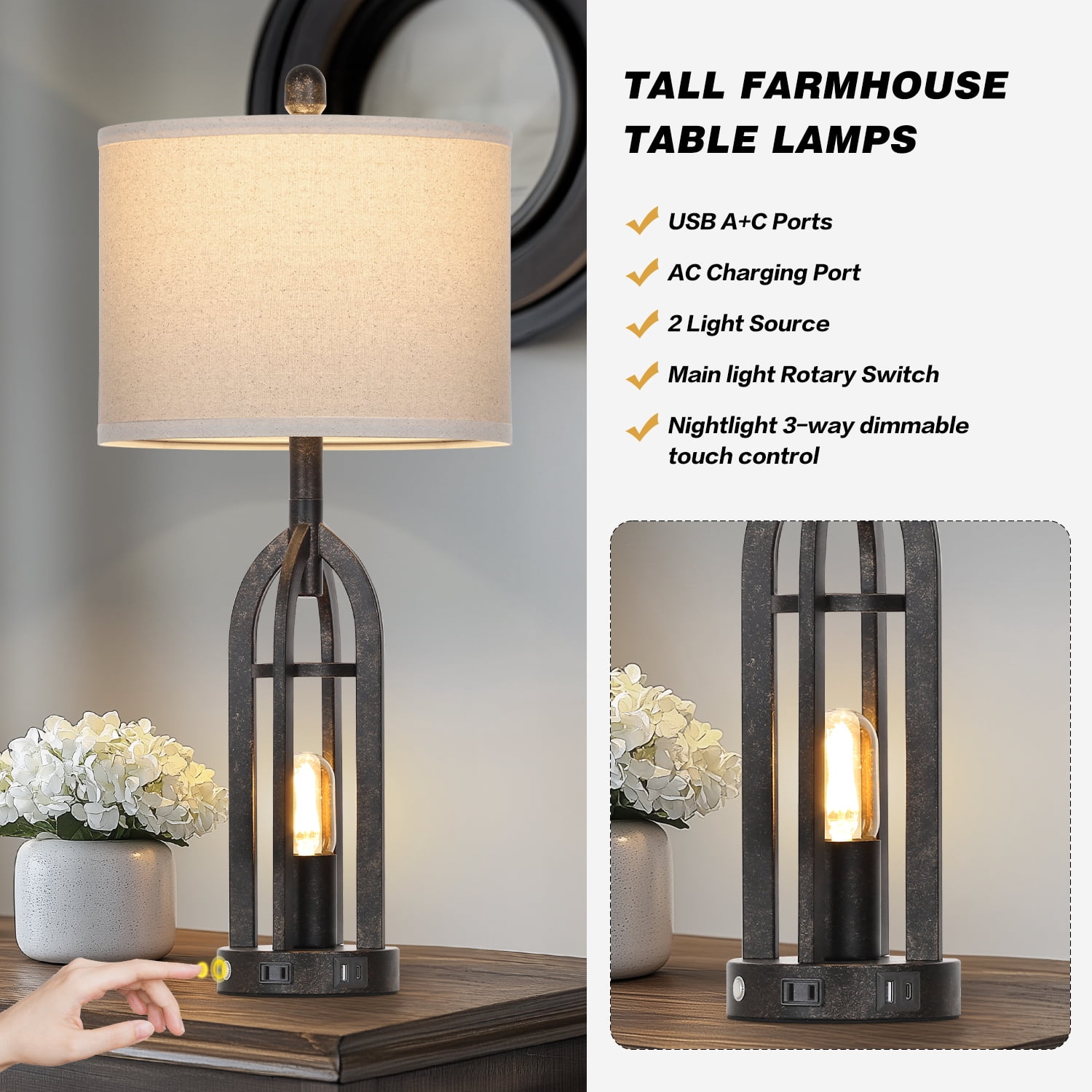 Cinkeda Table Lamps for Living Room Bedroom Set of 2 with USB A+C Ports AC Outlet Nightlight Industrial Gold 3 Way Dimmable Touch Control Bedside Nightstand Lamp