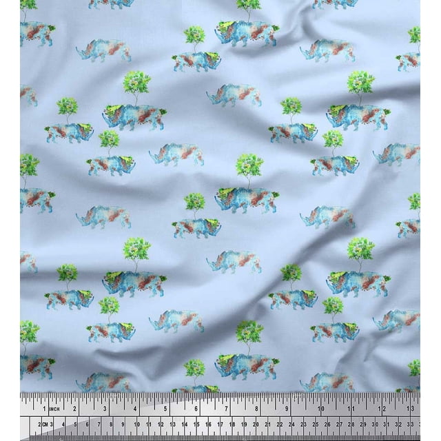 Soimoi Blue Rayon Fabric Tree & Rhinoceros Animal Print Fabric by Yard 42 Inch Wide