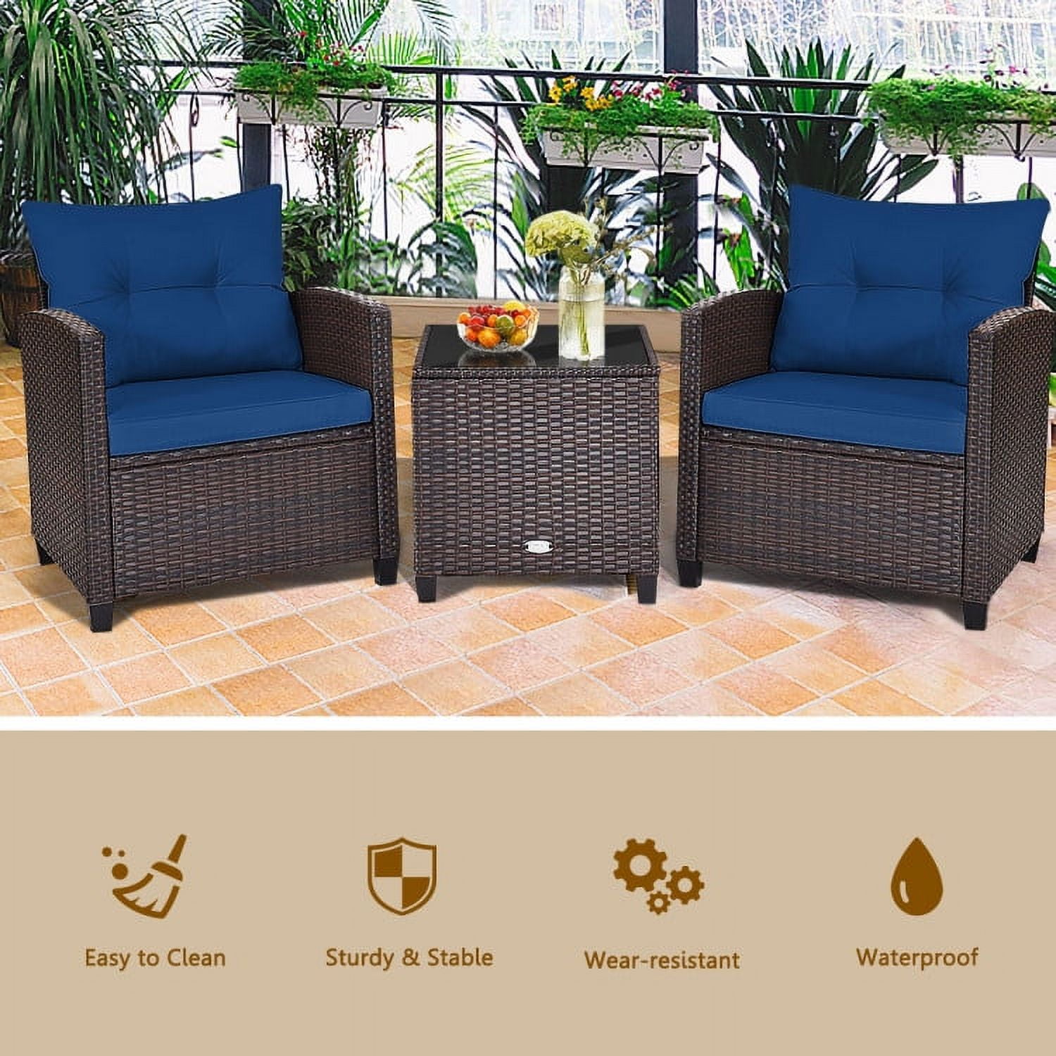 Aimee Lii 3 Pieces Wicker Patio Furniture Set, Coffee Table Cushioned Sofa, Modern Patio Furniture, Navy Aimee Lii 3 Pieces Wicker Patio Furniture Set, Coffee Table Cushioned Sofa, Modern Patio Furniture, Navy