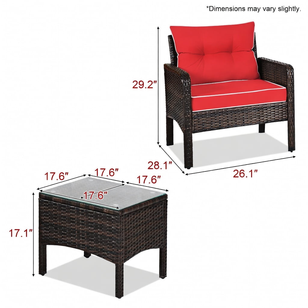 Hommoo 3-Piece Outdoor Wicker Patio Conversation Set, PE Rattan Chairs + Coffee Table with Removable Cushions, Red