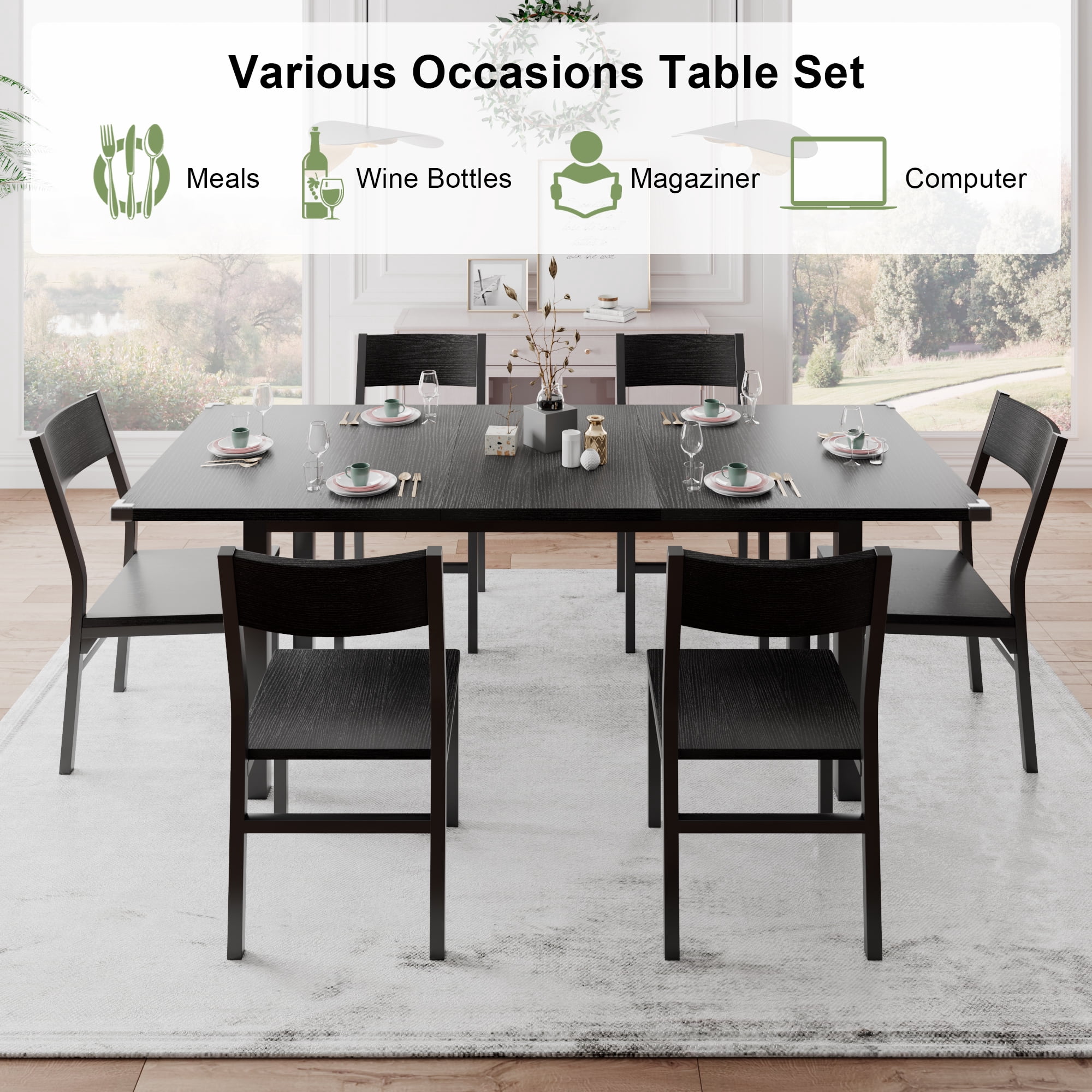 iPormis 63" Extendable Kitchen Table Set for 4-6 People, 7-Piece Large Dining Table Set With 6 Chairs,Mid-Century Modern Dining Room Table,Black