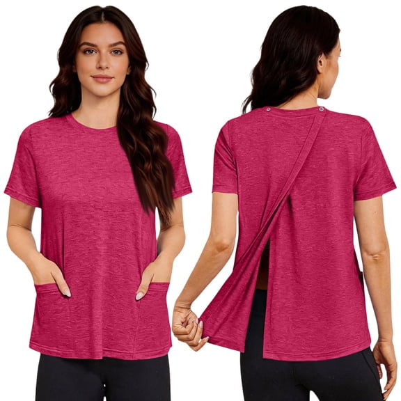 Domuza Women's post Surgery Shirts Comfort Adaptive Medical Short Sleeve Crew-Neck T Shirts Open Back Wear Sofy Solid Color Recovery Clothes with Pockets Hot Pink XXL