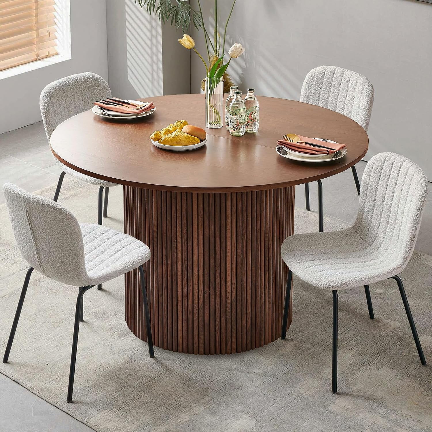 NORDICANA 47 Walnut Round Dining Table Set for 4 with White Boucle Chairs Mid Century Modern Wooden Kitchen Table & Chairs Set Space-Saving Breakfast Dinette Set