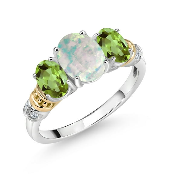 Gem Stone King 2.03 Cttw Oval White Opal Green Peridot and White Diamond 3-Stone Ring for Women | 925 Sterling Silver and 10K Yellow Gold | Wedding Engagement Anniversary Promise Ring | Size 9