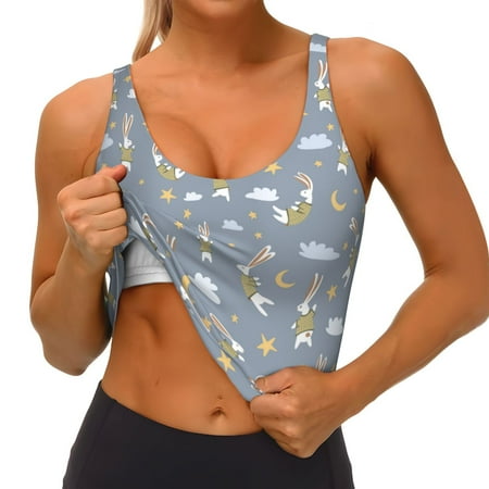 Qokaie Sleep Rabbit Pattern Womens Scoop Neck Sports Bra Breathable Workout Vest Padded U Back Medium Impact Fitness Gym Yoga Bra Workout Crop Top