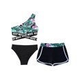 thumbnail image 3 of TiaoBug Kids Girls 3 Piece Bikini Swimsuit Sets Floral Print One Shoulder Crop Top with Briefs Shorts Summer Beachwear Black 14, 3 of 7