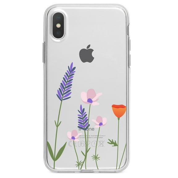 DistinctInk Clear Shockproof Hybrid Case for iPhone X / XS (5.8" Screen) - TPU Bumper Acrylic Back Tempered Glass Screen Protector - Wildflowers Blue Purple Pink