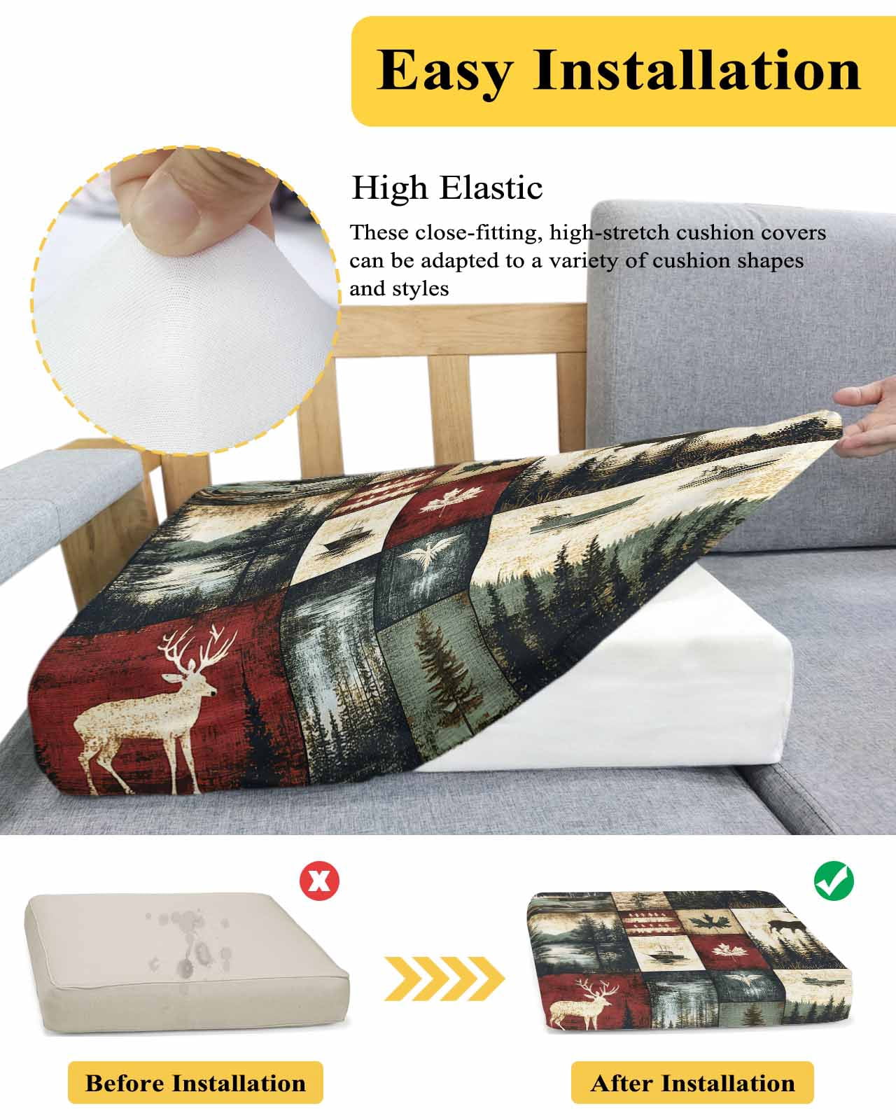 Rustic Forest Couch Cushion Covers Stretch, Washable Sofa Seat Covers Individual Seat Cushion Sofa Slipcovers Reindeer Pine Tree Nautical Boat Retro Couch Cover Furniture Protector S-1PCS