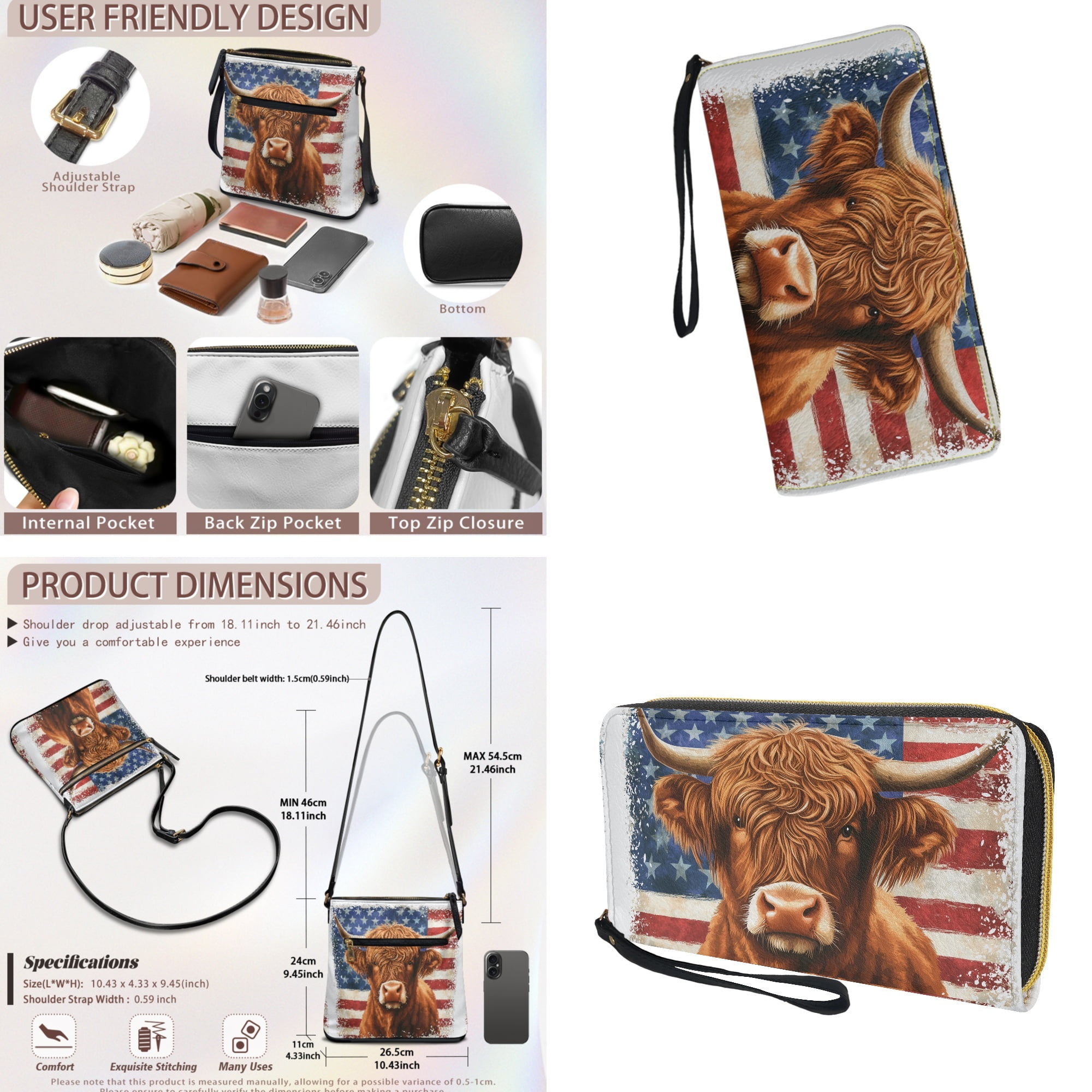 ZUXONGSY American Flag Highland Cow Print Women's PU Leather Crossbody Bag and Wallet Set, Trendy Multi-Pocket Hobo Purse with Adjustable Strap for Work & Travel