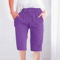 thumbnail image 2 of Fanxing Women's 15" Long Shorts Casual Linen Capris Summer Elastic Waist Hiking Cargo Shorts Lightweight Below The Knee Capri Cropped Pants with Pockets Summer Savings Purple,L, 2 of 5