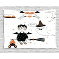 thumbnail image 1 of Ghost Tapestry, Cartoon Witch Girl Flying on a Broomstick with a Bat Heart Moon and Stars, Wall Hanging for Bedroom Living Room Dorm Decor, 60W X 40L Inches, Orange Black White, by Ambesonne, 1 of 2