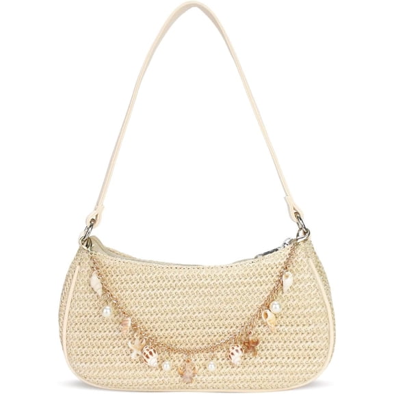 Women's Boho Seashell Beaded Straw Clutch Purse Summer Woven Beach Bag Handbags