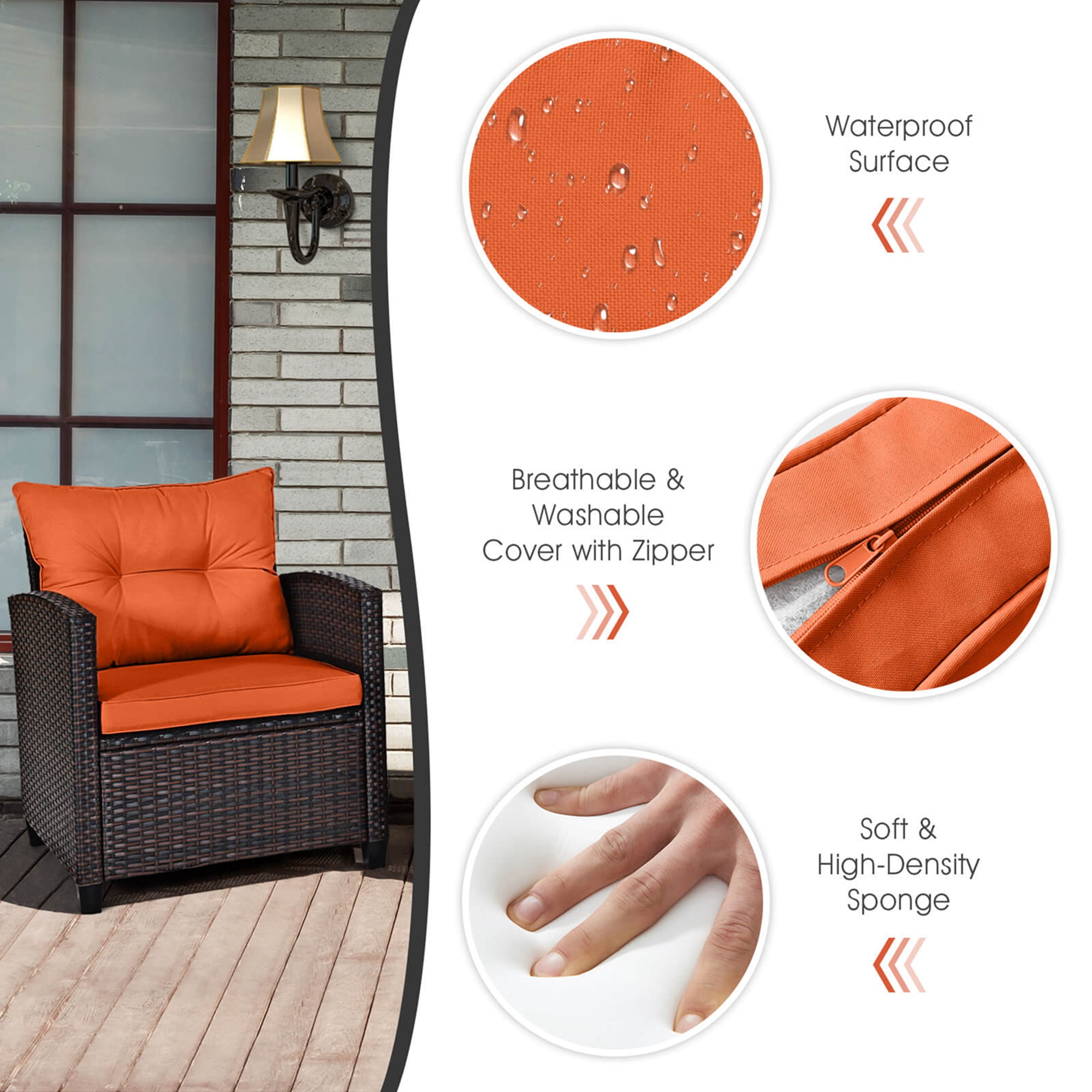 Gymax Set of 3 Rattan Furniture Set Patio Cushioned Conversation Set Sofa Orange