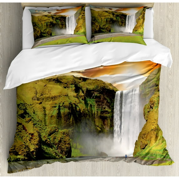 Iceland Duvet Cover Set Queen Size, Skogafoss in Iceland at Sunset Dramatic Scenery Streaming Waterfall Nature Scene, Decorative 3 Piece Bedding Set with 2 Pillow Shams, Multicolor, by Ambesonne