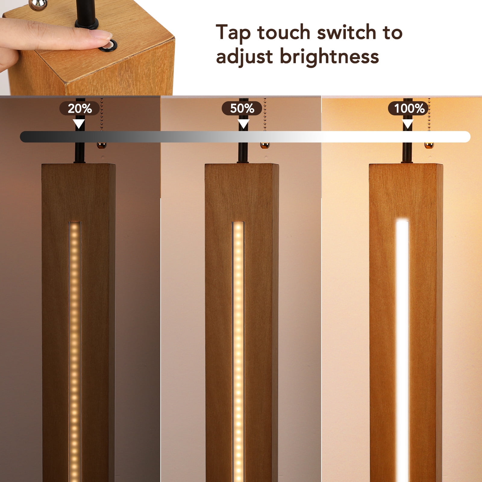 58.9'' Farmhouse Wooden Floor Lamp built-in LED beads, White Rectangular Linen Shade for Bedroom (Bulb included)