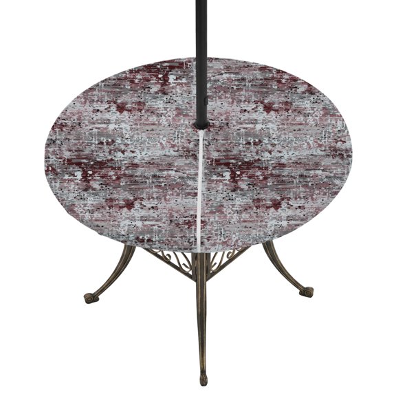 Round Outdoor Tablecloth with Umbrella Hole and Zipper, Red Grey Abstract Tablecloth with Elastic Waterproof, Vintage Graffiti Distressed Mottled Art Patio Table Covers for 55" - 60" Pool Tables