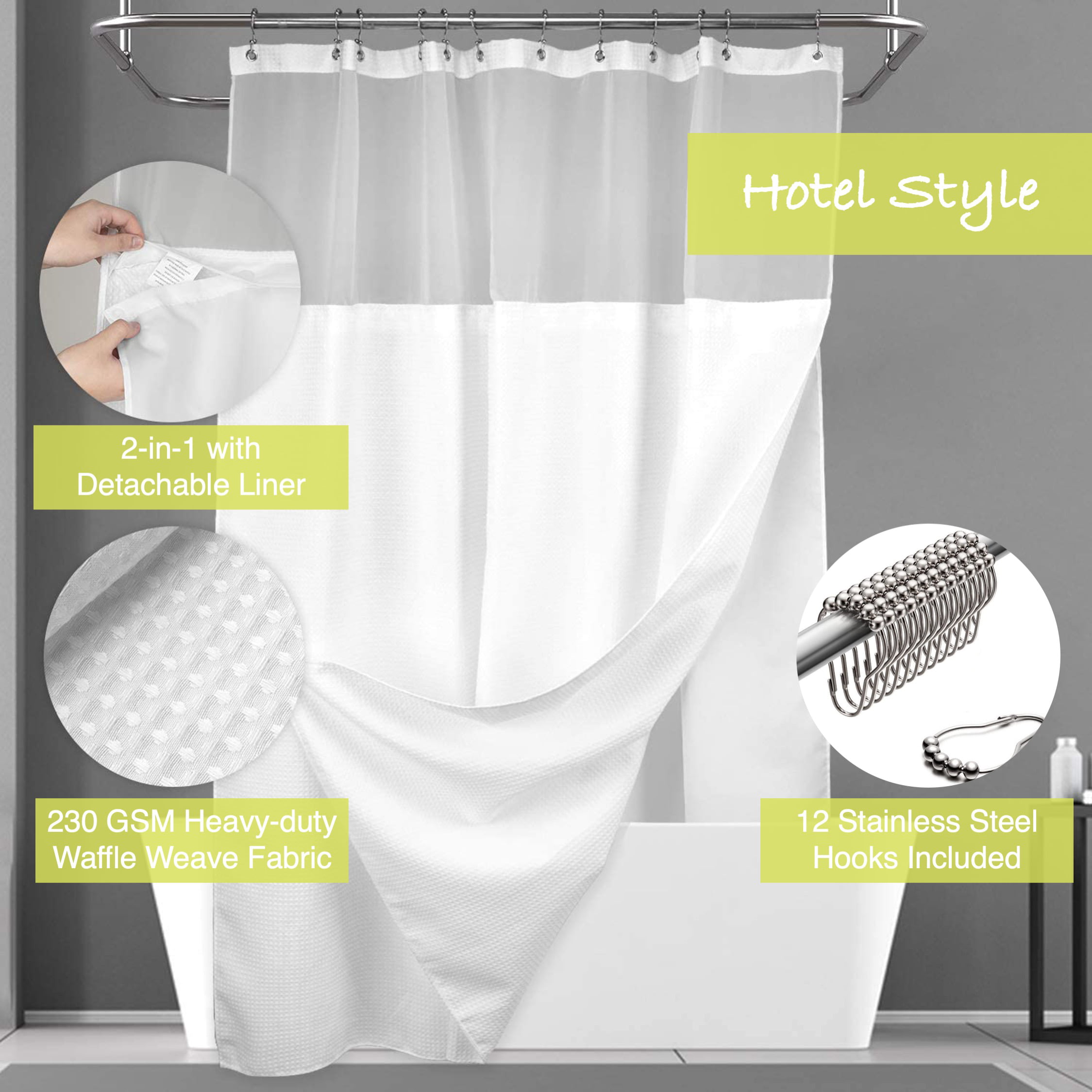 H 12 Hooks Included Waffle Weave Shower Curtain with Snap-in Fabric Liner Set 